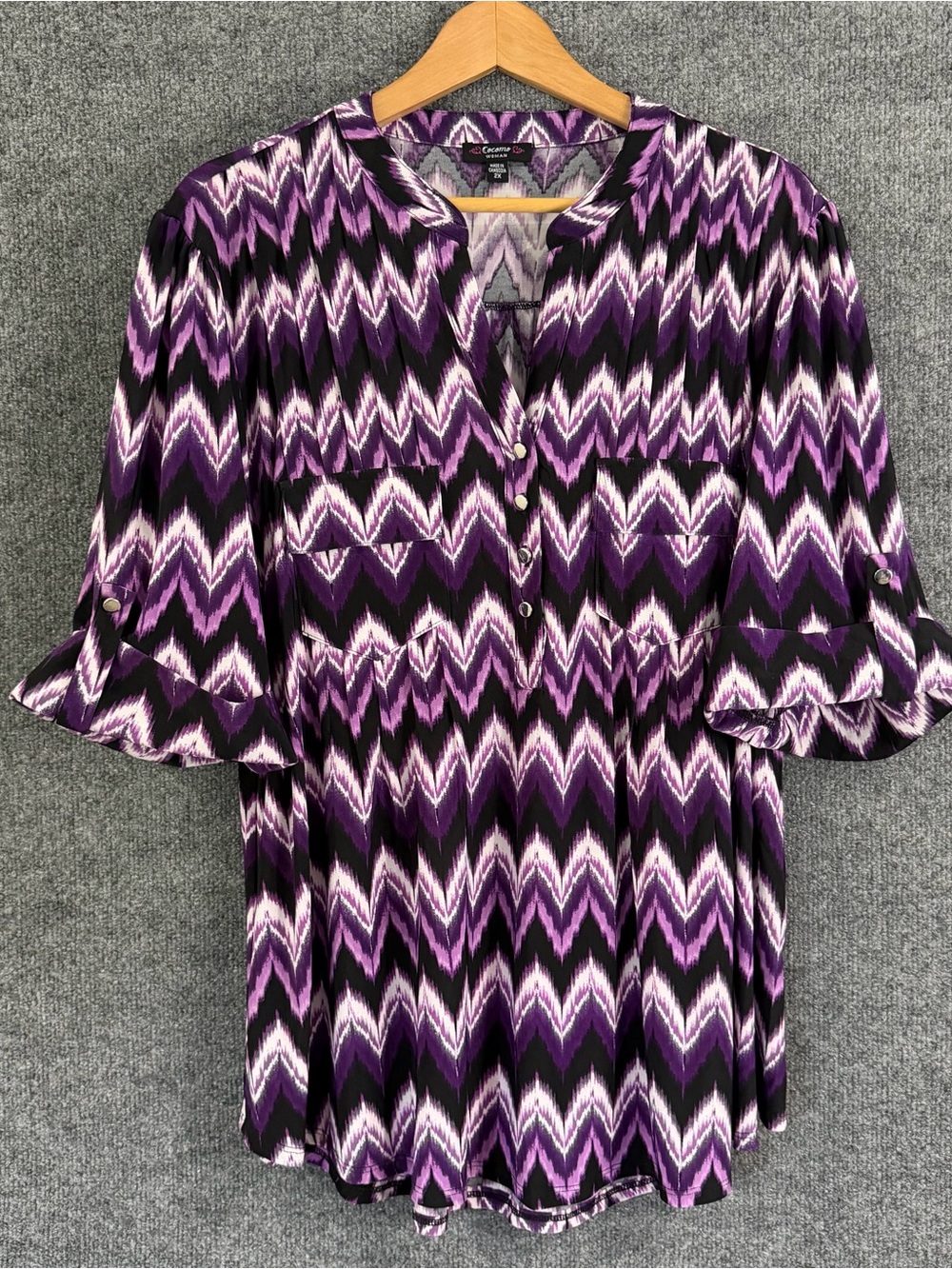 Cocomo Womens 2X Purple Chevron Top Elbow Sleeve V Neck Office Casual Stretch